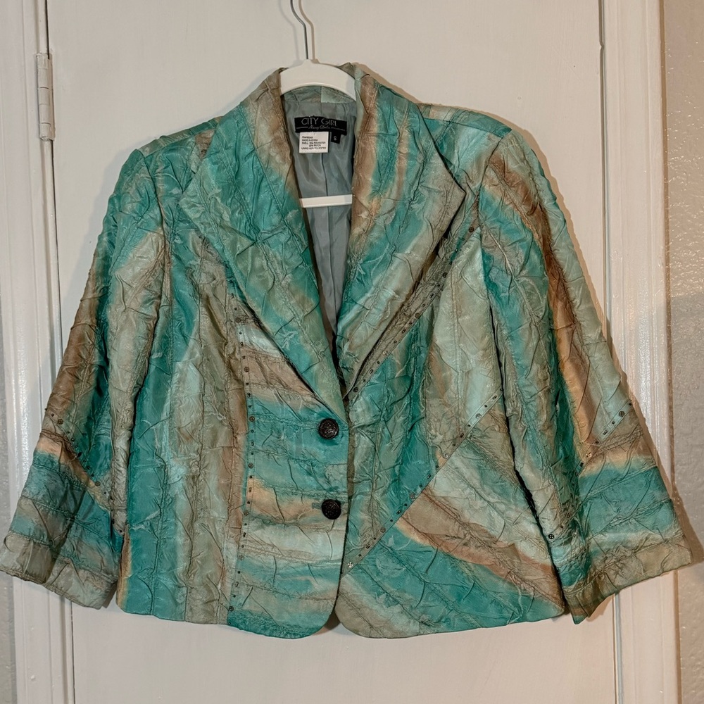 City Girl Teal and Beige Blazer Abstract Crinkle Pattern Size S